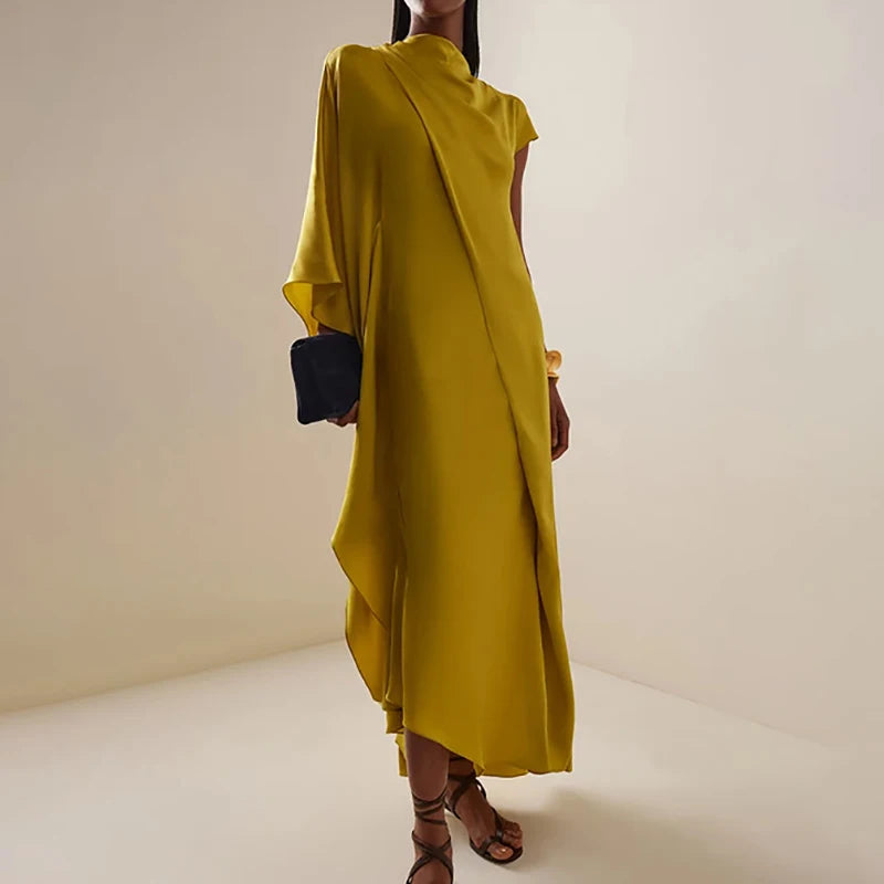 Women Casual Hight Waist Solid Color Satin Dress 2026 Fashion Draped Loose Long Dresses Elegant O-neck Asymmetrical Sleeve Gowns