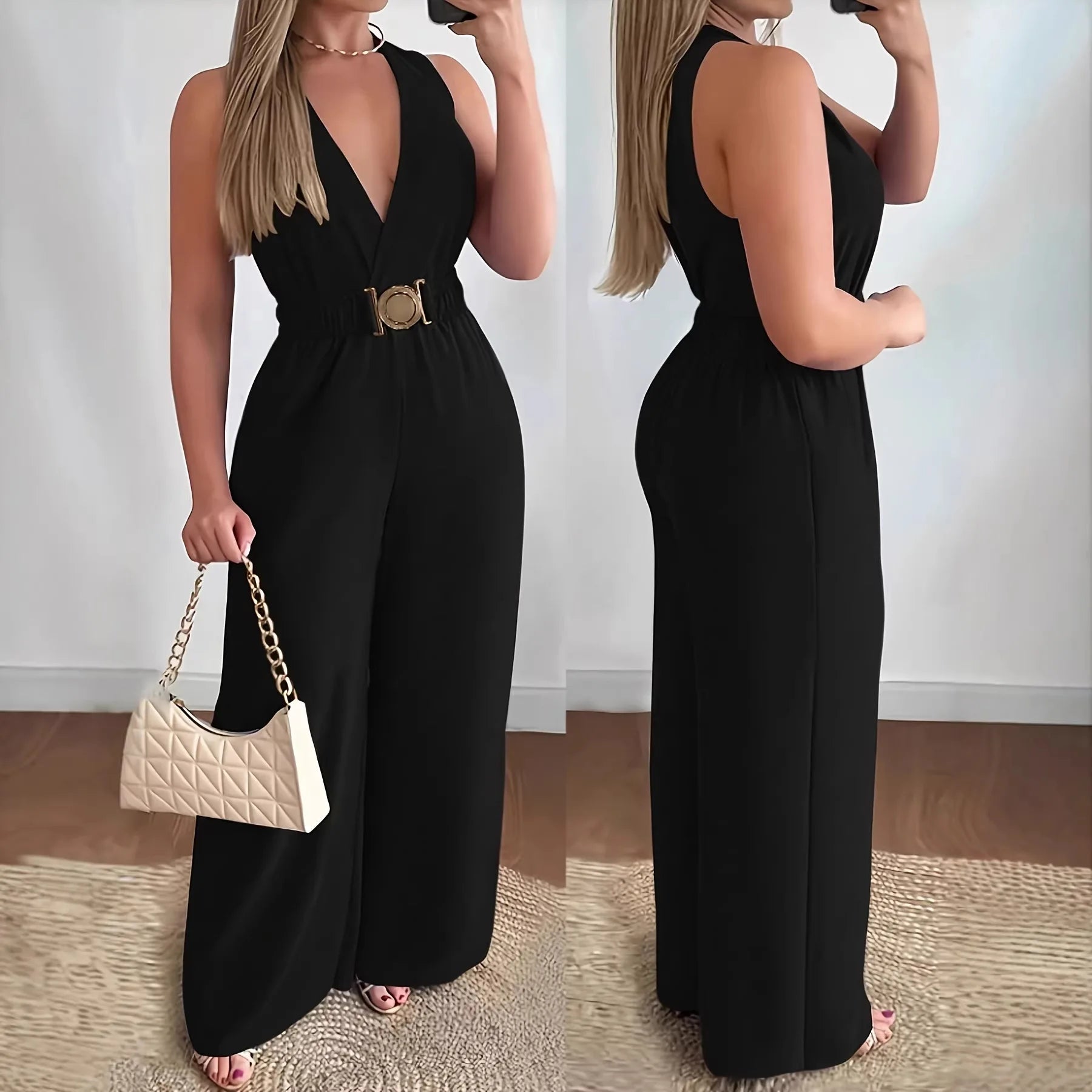 Women’s Sexy Deep V-Neck Wide Leg Jumpsuit
