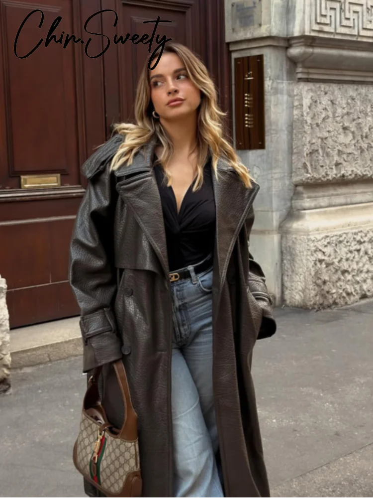 Street Pu Leather Women Long Coat Fashion Long Sleeve Button Belt Lapel Pocket Female Outwear 2025 Autumn Winter Lady Jacket New