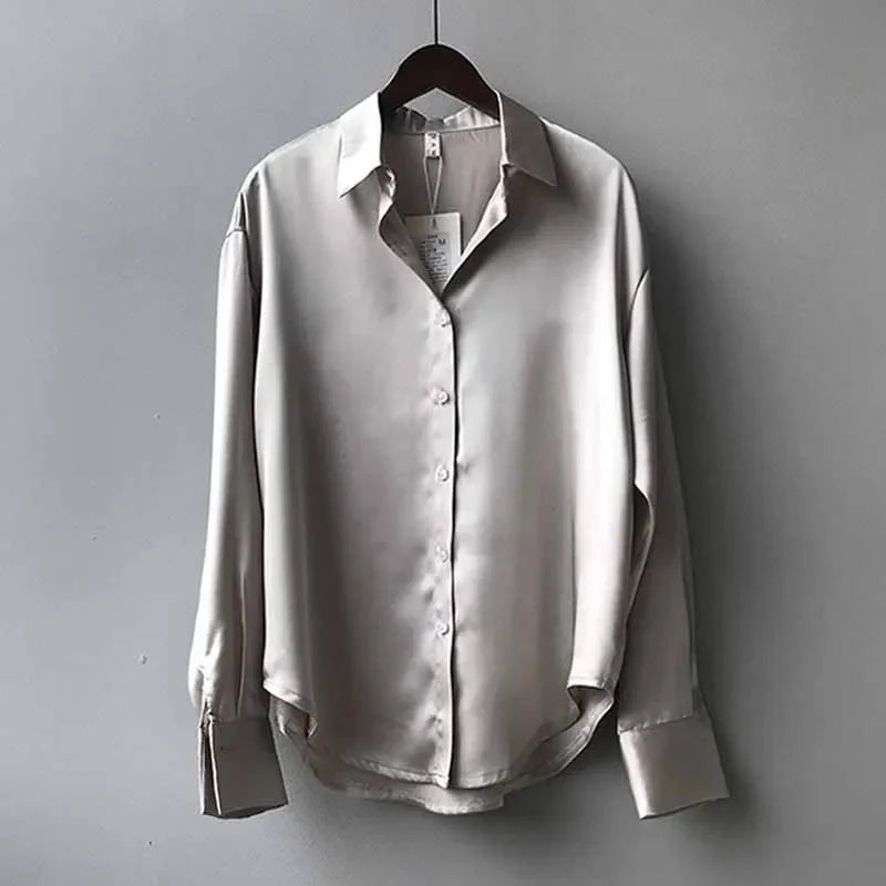 Women’s Turn-Down Collar Satin Blouse Top