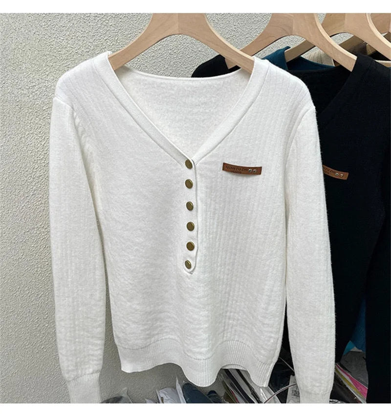 2024 Thicken Velvet V-neck Sweater Women Korean Fashion Lined Warm Sueter Knitted Pullover Slim Top Winter Jersey Knitwear Jumpe