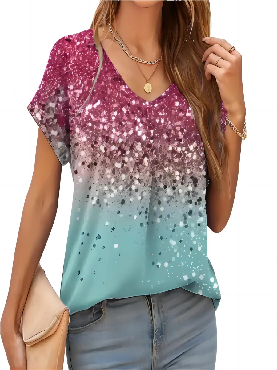 2026 New Summer Women T-shirt 3d Fashion Print Gradient Harajuku T Shirt Oversized Tee For Ladies Clothing New Short Sleeve V-Ne