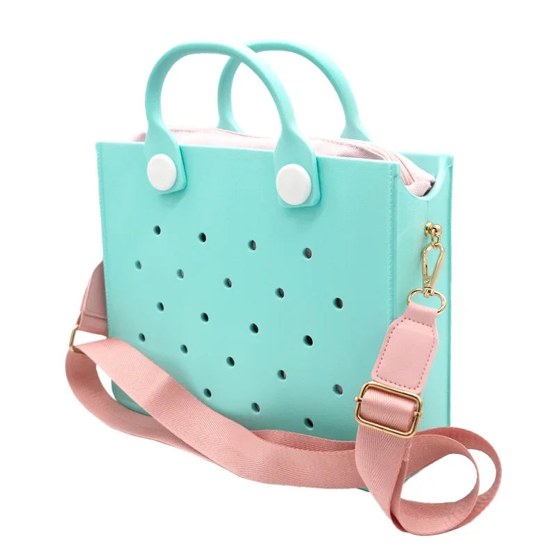 Fashion Storage EVA Large Leather Shoulder Bag Beach Tote Travel Handbag Storage for Women Casual Waterproof Bag Hole Fit Charms