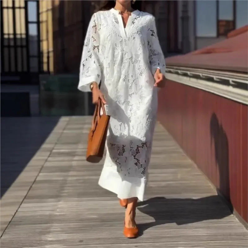 Women's Elegant Fashion Lace Dress White 2025 Spring Summer New Loose V-neck Seven-Point Sleeve Hollowed out Dresses Office Lady