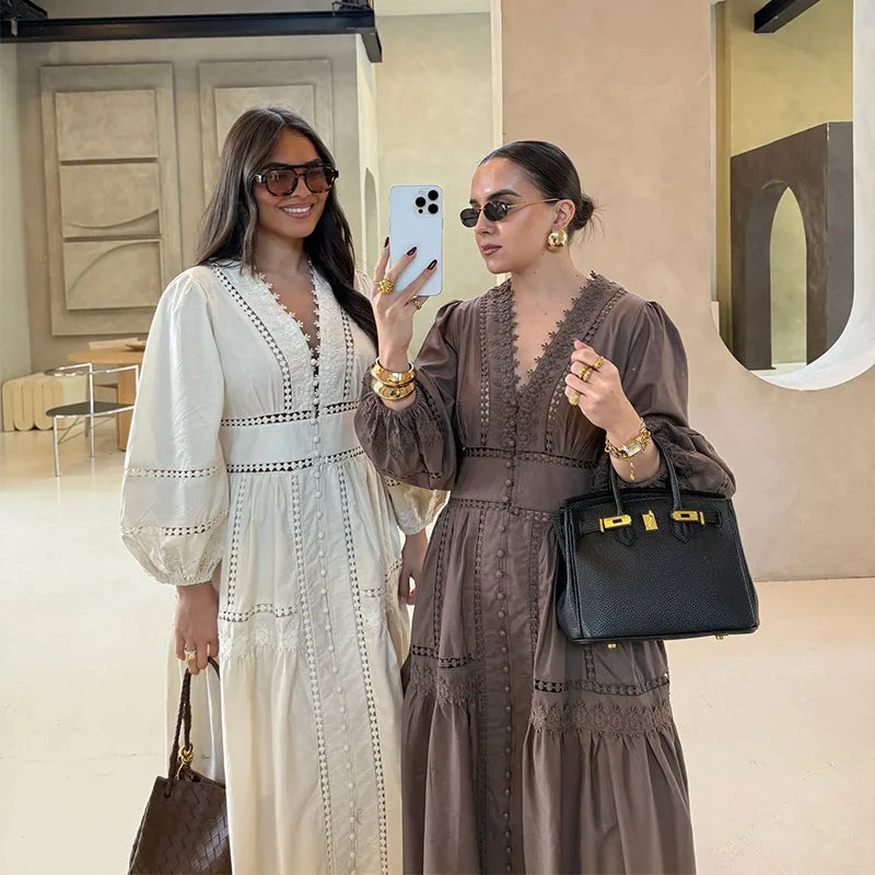 Elegant Hallow Out Long Dress Women Lantern Sleeve Deep V-neck Single Breasted Loose Dresses 2025 Fashion Solid Office Robe Lady