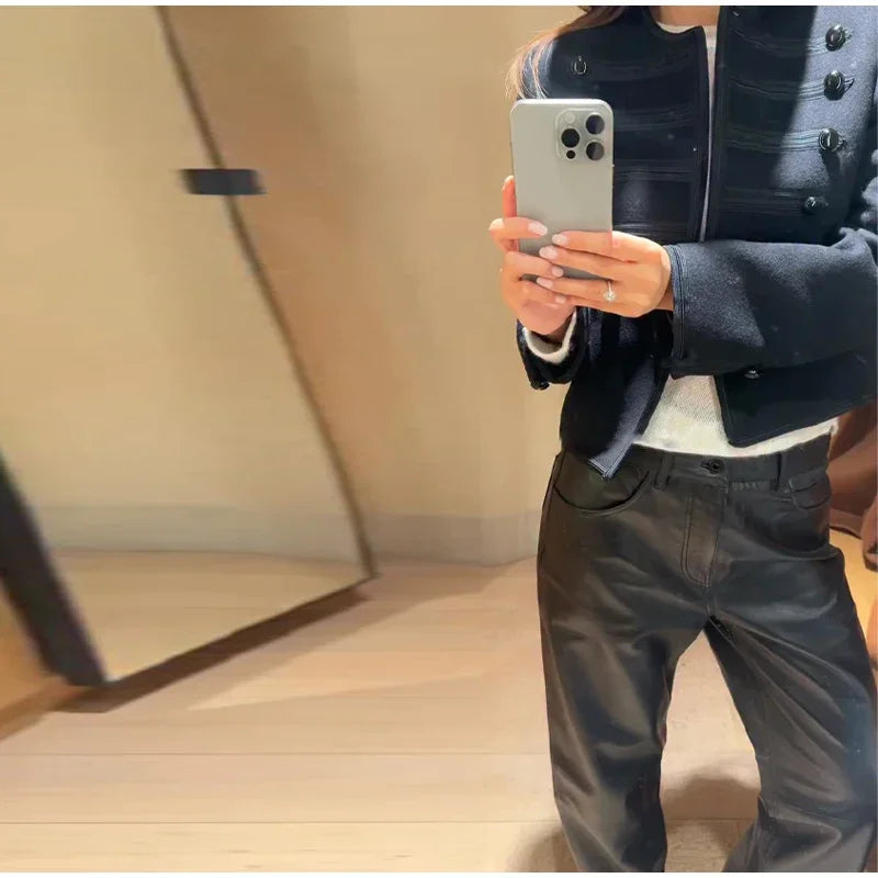 Elegant O-neck Long Sleeve Double Breasted Coats Fashion Black Cropped Jacket For Women 2026 Spring Chic Lady Outerwear Street