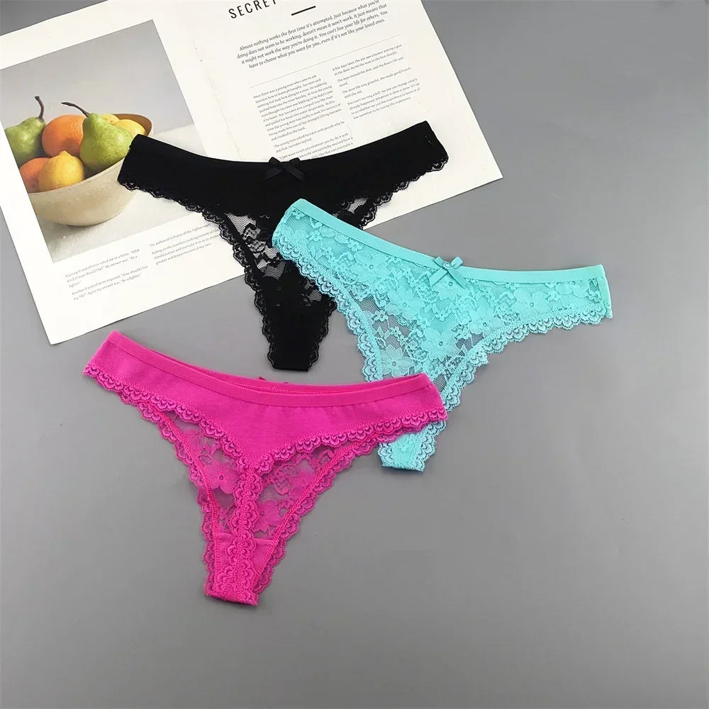 S M L XL XXL Plus Size Sexy Cozy Lace Cotton Thongs Underwear Lingerie for Women Seamless T-back Ladies Transparent G-string 3PC