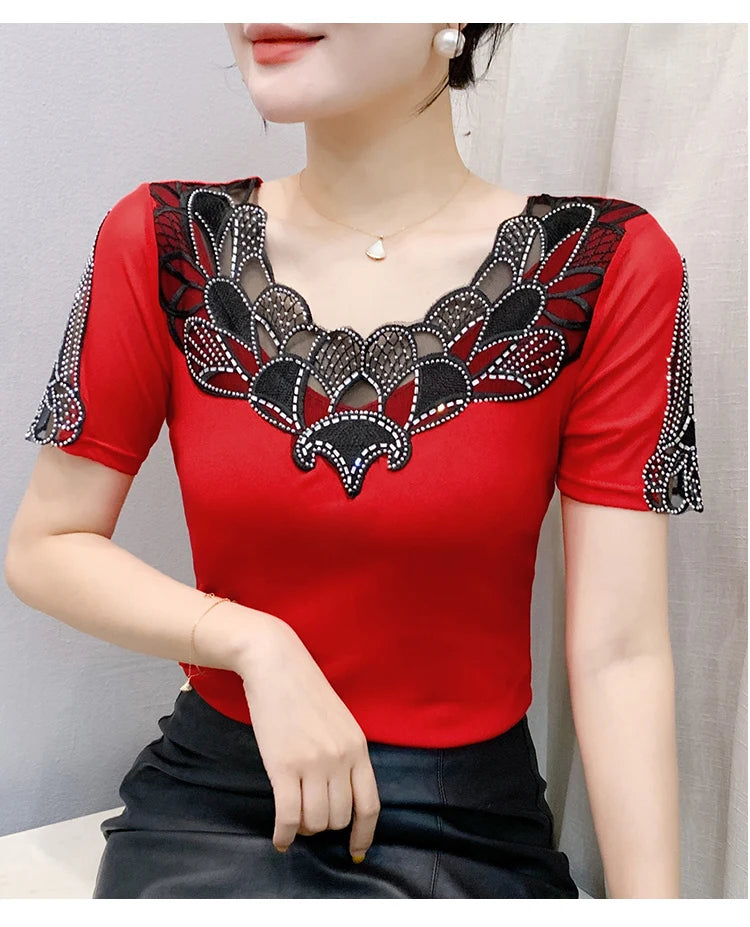 Fashion O-Collar Rhinestone Lace Patchwork Female Top Chic High Elasticity Soft Mesh Short Sleeve Temperament Women's T-Shirt
