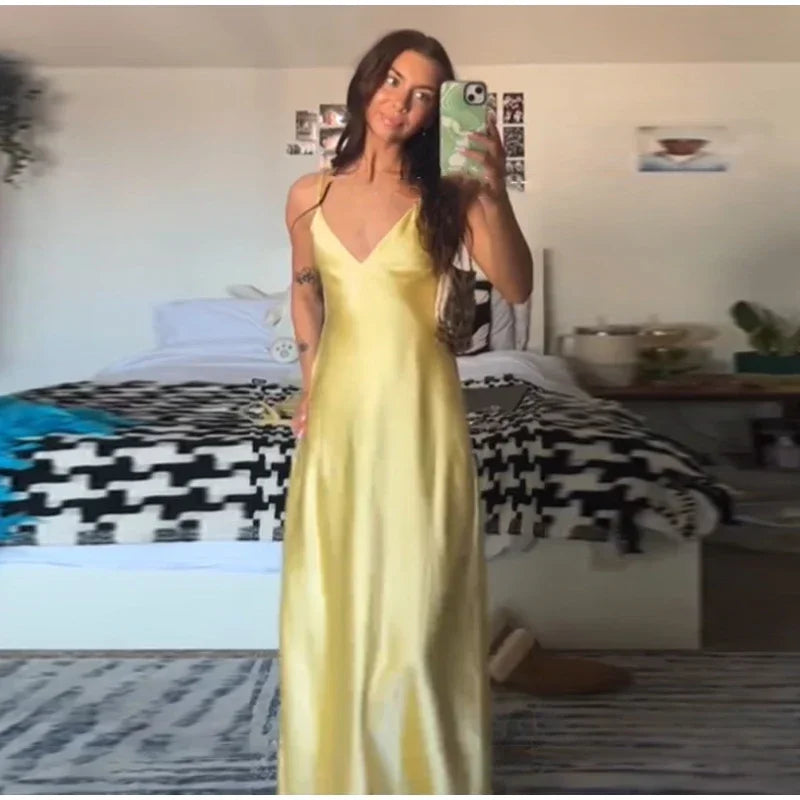 Summer Satin Deep V Neck Maxi Dresses Sleeveless Backless Lace Up Slim Fit Long Robes 2025 Lady New Holiday Fashion Clothing