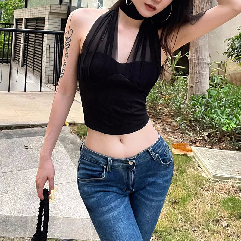 High Quality Hot Selling Wholesale 2025 New Women's Clothing Sexy Mesh Hanging Neck Imitation Fish Bone Exposed Navel Vest Women