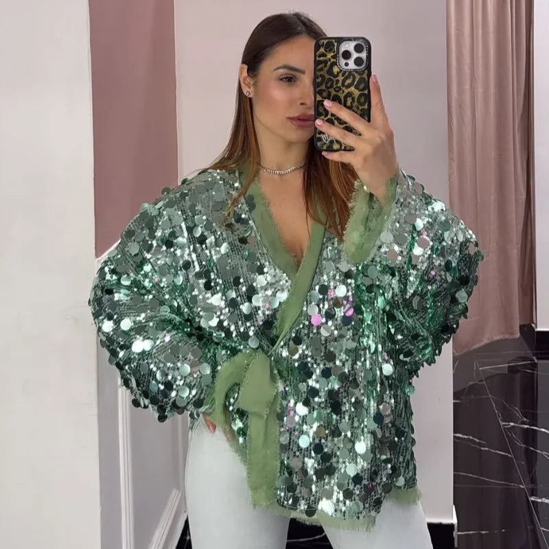 Fashion Sequins Short Jackets Women Gliter Lapel Long Sleeve Zipper Street Jacket Female 2026 Spring Lady Streetwear New
