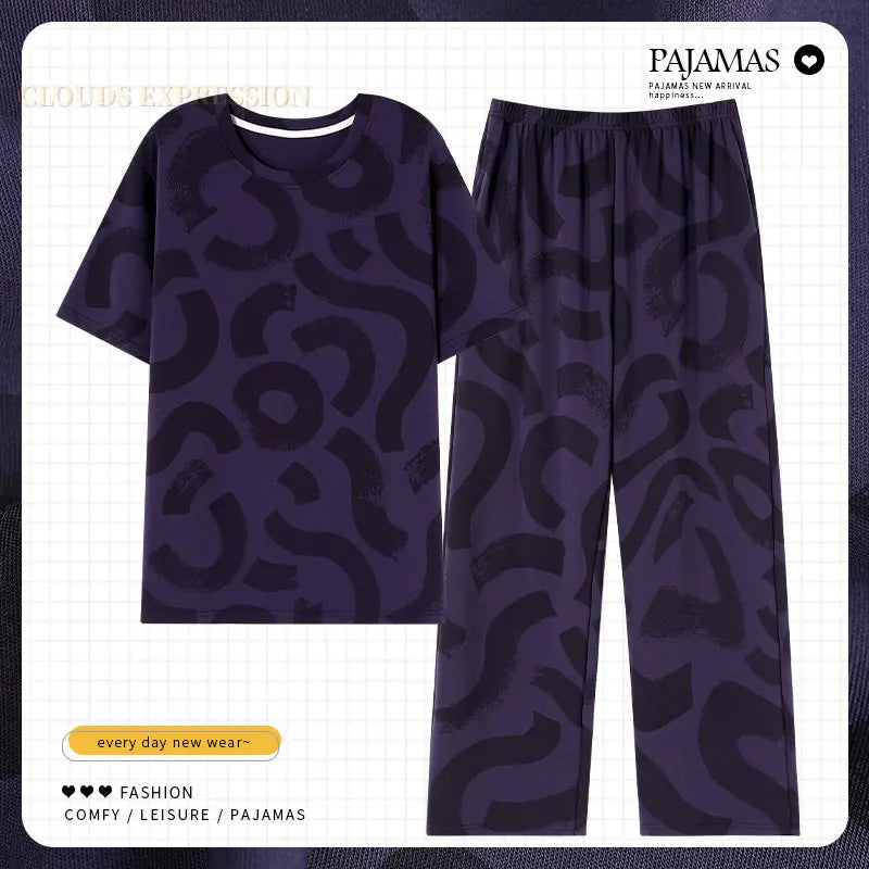 L-5XL Summer Elegant Men Pyjamas Knited Cotton Pajamas Set Long Pant Sleepwear Pyjamas Night Suits Pijamas Plus Size Homewear PJ