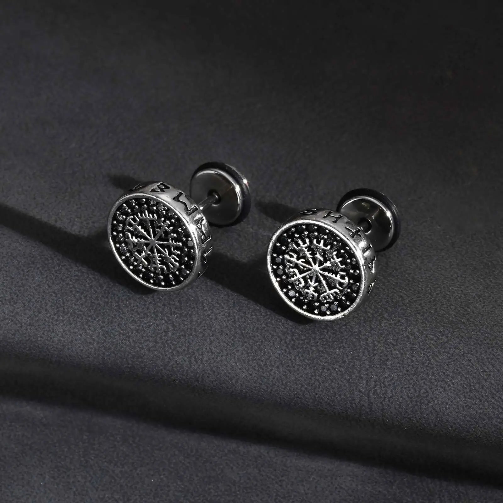 Vintage Viking Stud Earrings for Men Boys,Round Stainless Steel Compass Zircon Earring,Simple Jewelry Gift for Him