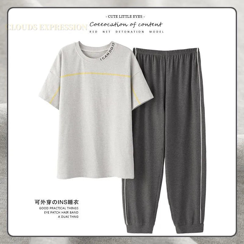 L-5XL Summer Elegant Men Pyjamas Knited Cotton Pajamas Set Long Pant Sleepwear Pyjamas Night Suits Pijamas Plus Size Homewear PJ