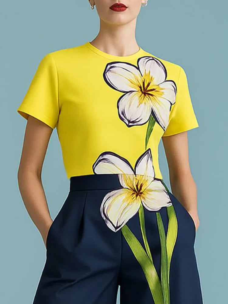 Women's 2026 New Summer Fashion  Floral Printed Tops Short Sleeves Round Neck Slim-Fit Casual Fashion Yellow T-shirts