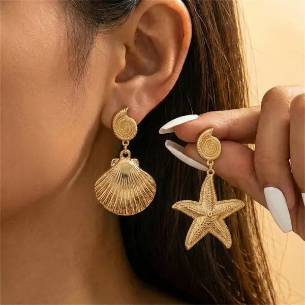 Bohemia Gold Color Metal Starfish Long Tassel Drop Earrings For Women Crystal Zircon Conch Shell Scallops Earring Beach Jewelry