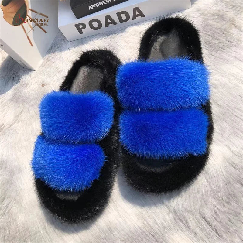 Mink Fur Slides Women's Slippers Thick-soled Sandals Summer Slipper Shoes for Woman Sandals Fashion Beach Slippers EVA Slides