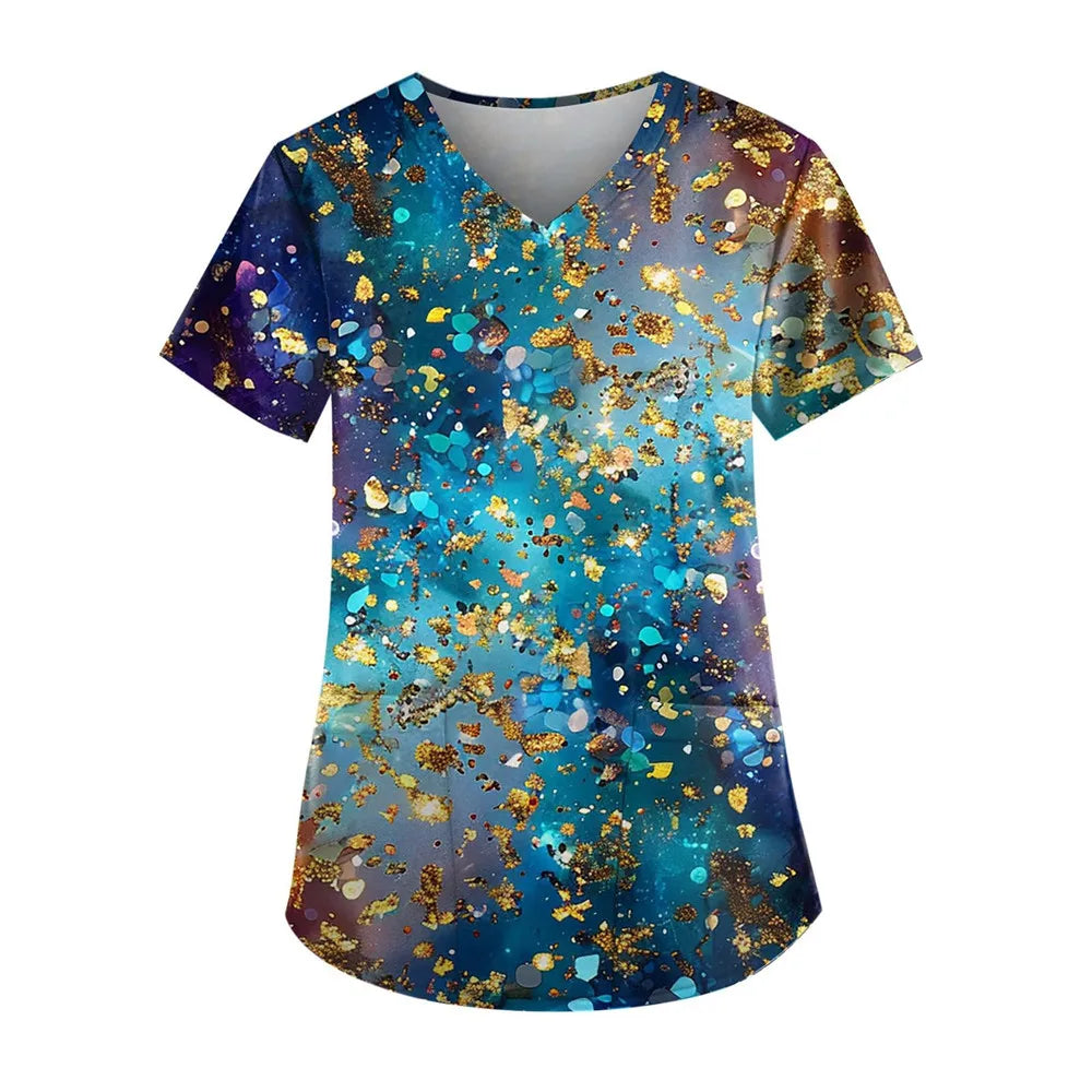 Gradient Printing Nurses Uniforms Women Fashion Short Sleeve V Neck Working Blouse Tops With Pockets Women's Medical Uniform