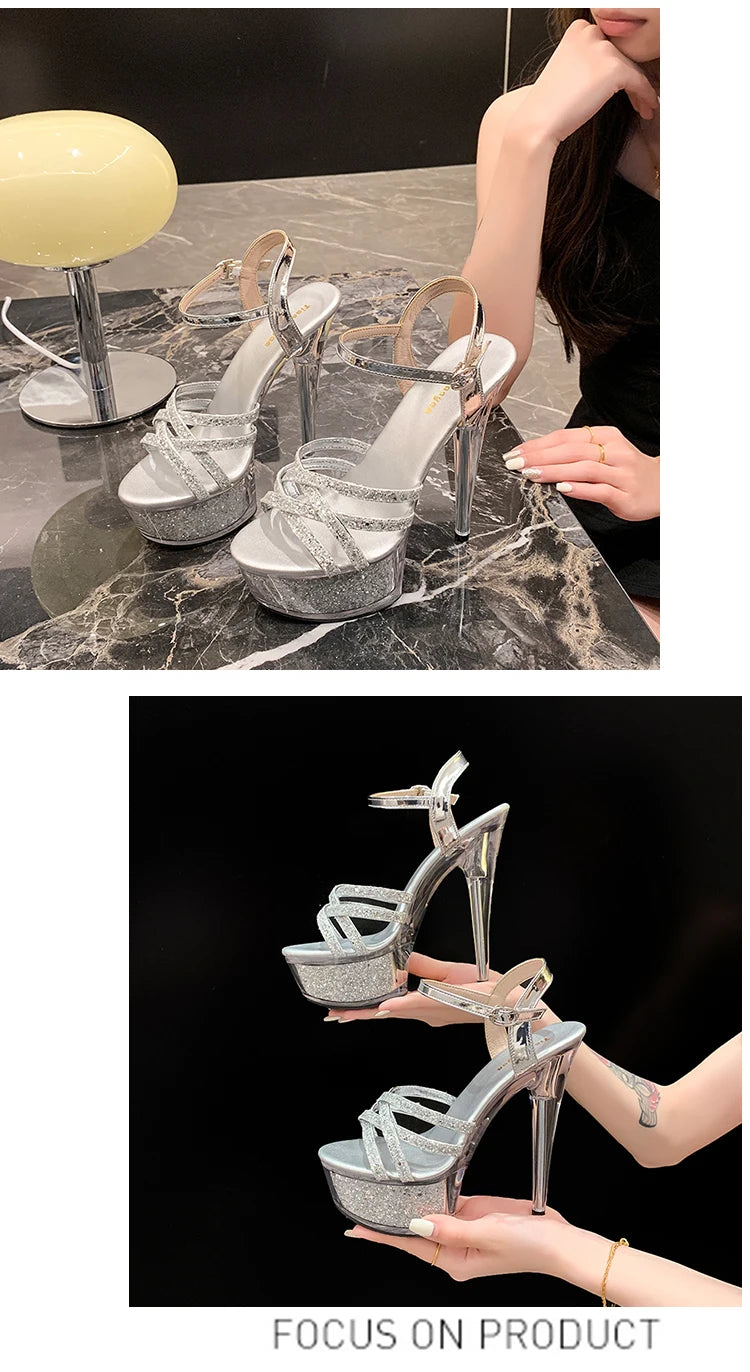 2024 New Women Narrow Band Sandals Transparent Platform High Heels Summer 15CM Stiletto Heels Silvery Sequin Wedding Dress Shoes