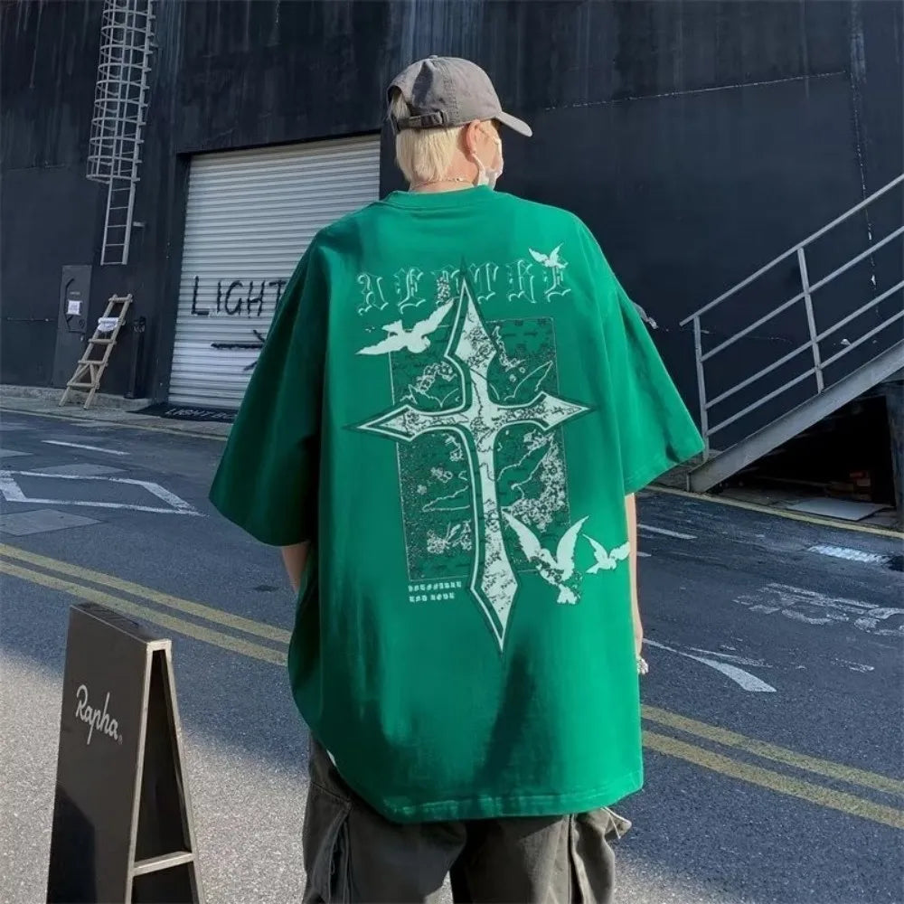 Hot selling trend summer men's cross letter print comfortable and breathable round neck T-shirt outdoor casual high street top