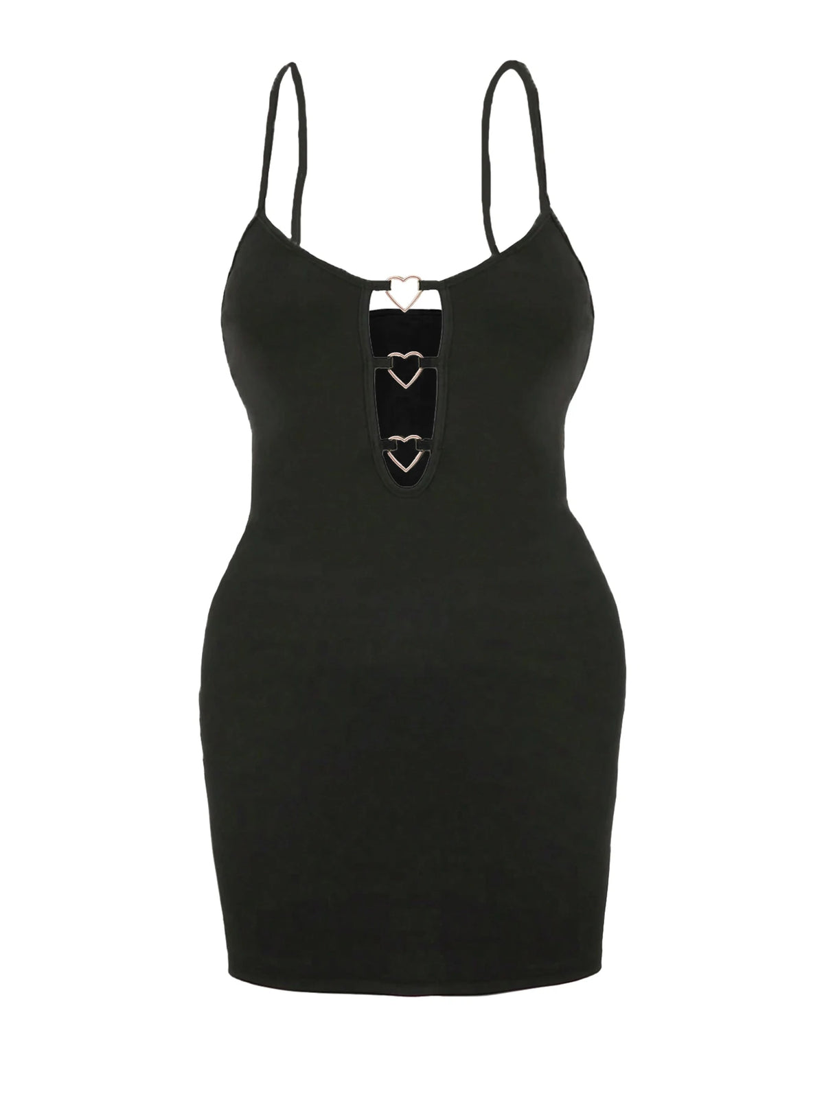 Plus Size Heart Metal Buckle Cutout Bodycon Mini Dress Spaghetti Strap Deep Hollow Front Slim Fitted Ribbed Short Dress Sexy Clu