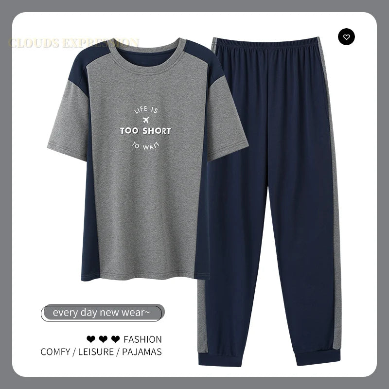 L-5XL Summer Elegant Men Pyjamas Knited Cotton Pajamas Set Long Pant Sleepwear Pyjamas Night Suits Pijamas Plus Size Homewear PJ
