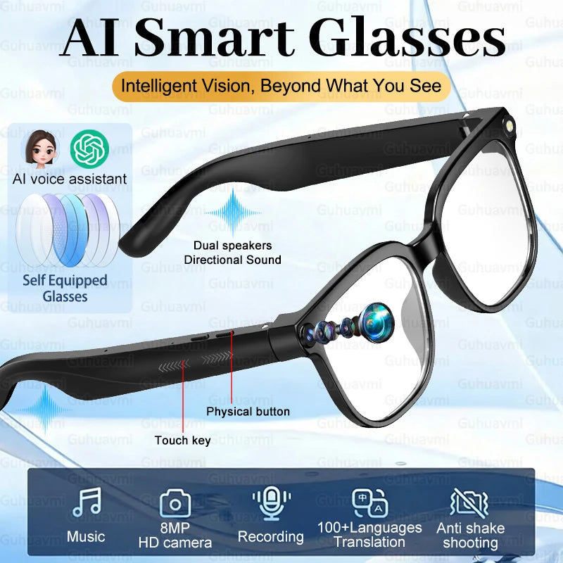 2026New AI Smart Glasses Men Women 800W HD Camera Bluetooth Call 100+Languages Translation Voice Control Music Player Sunglasses