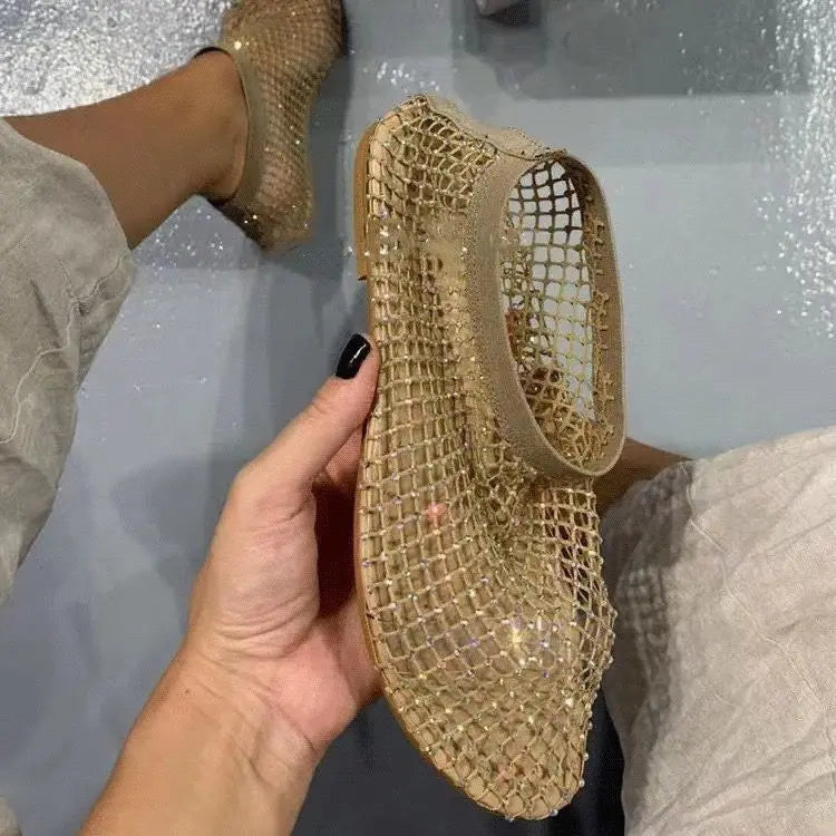 2024 Summer Women's New Luxury Toe Flat Bottom Hollow Short Boots Water Diamond Sexy Flat Bottom Fashion Banquet Flats shoes