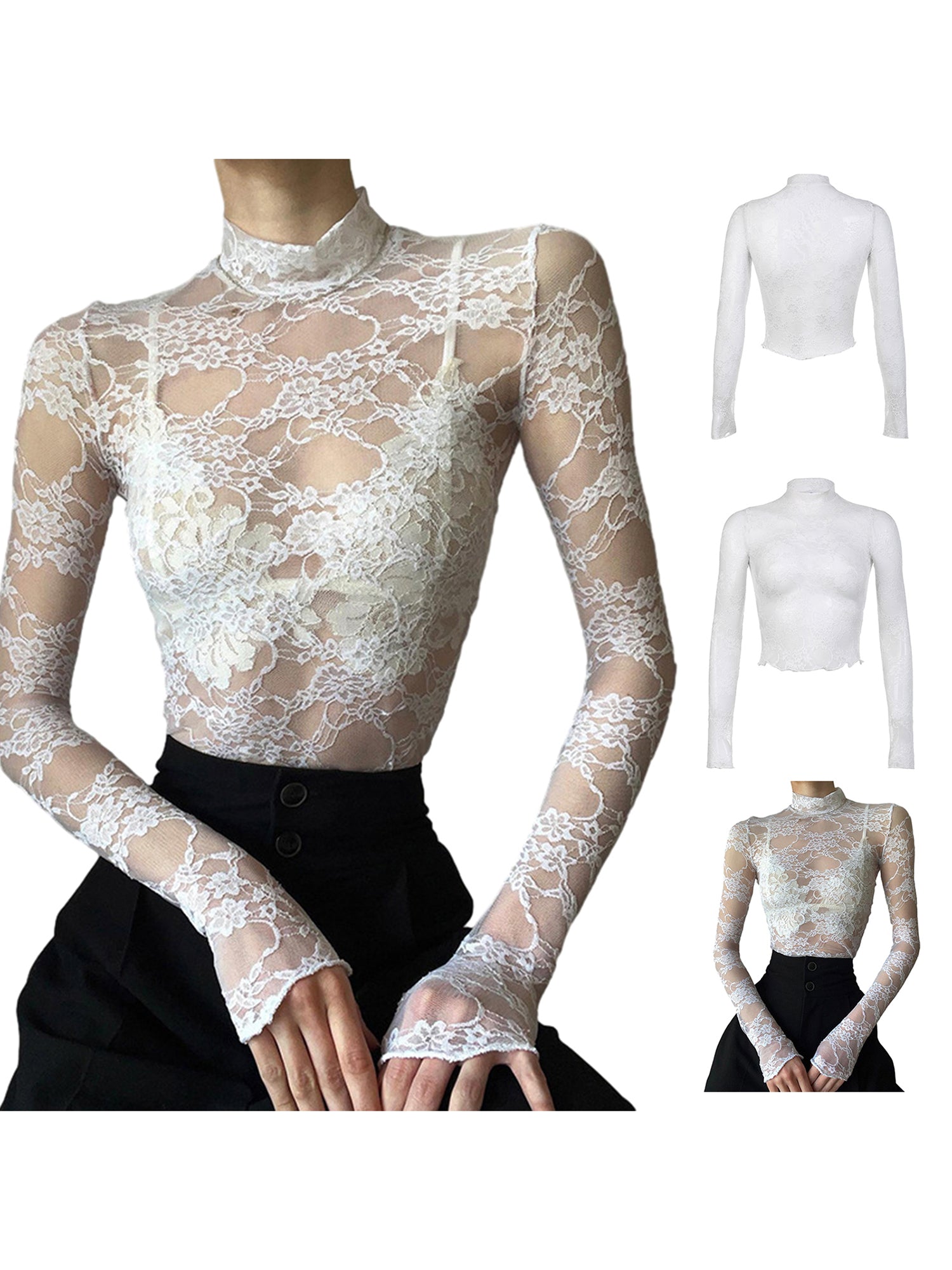 Women's Lace Mesh Crop Tops Long Sleeve Floral Sheer Blouse Sexy Shirt High Neck See-Through Slim Fit Tee Shirts Clubwear
