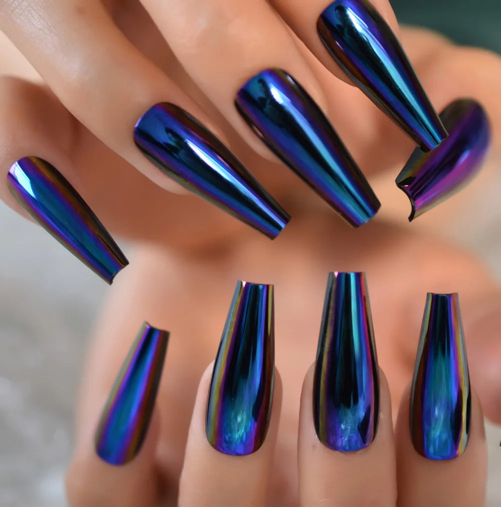 Shiny Punk Style Metallic Silver Coffin False Fake Nails Metal Plating Acrylic Reflective Mirror Press on Ballet Nail Art Tips