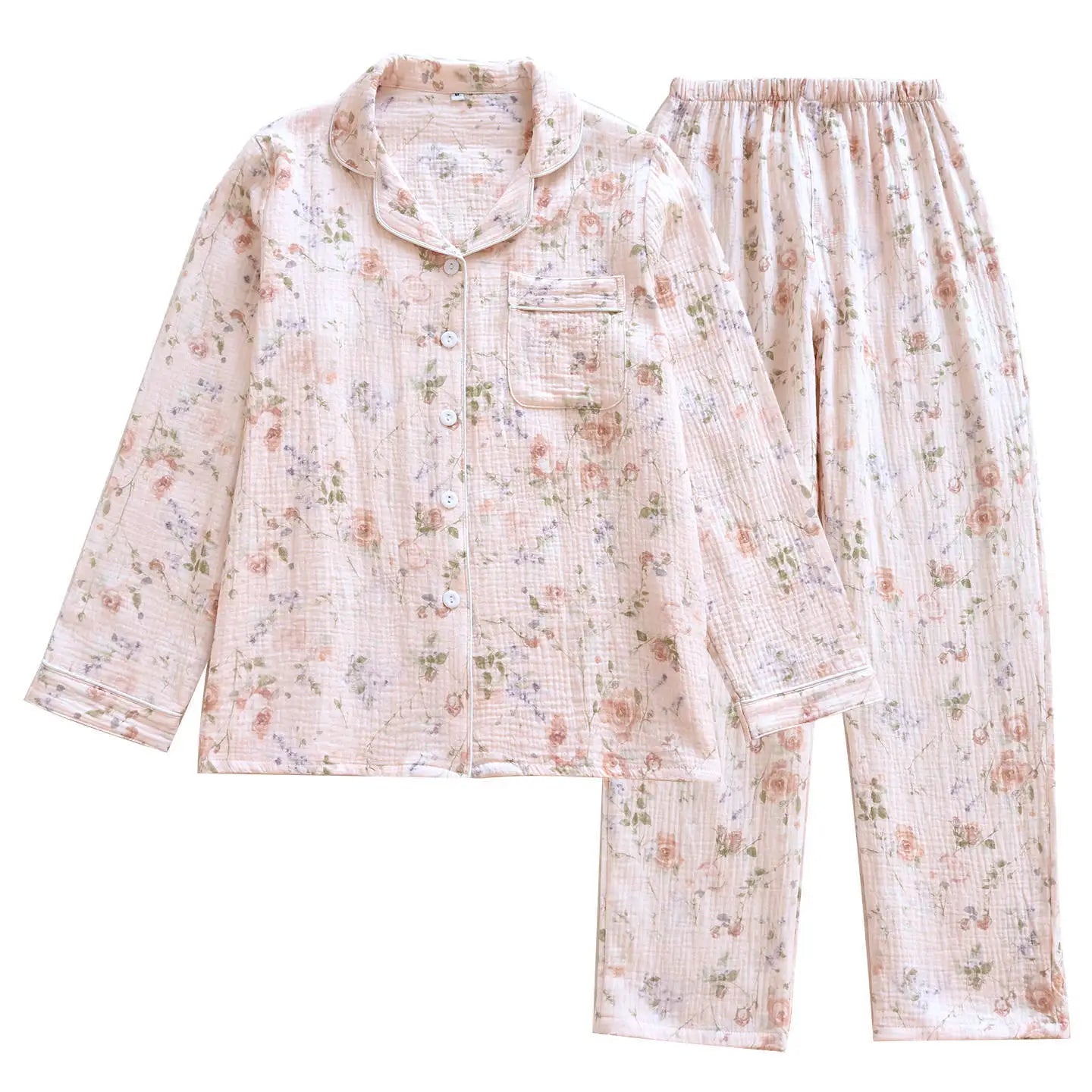 2026 New Women's Spring and Autumn Pajama Set 100% Cotton Crape Cloth Flower Collar Long Sleeve Two Piece Set Large Home Clothes