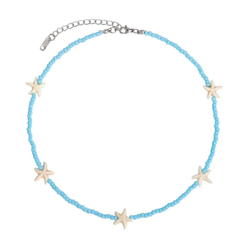 Summer Blue Starfish Necklace Women Double Layer Beaded Chain 45cm Boho Beach Jewelry 2025 New Luxury Layering Gift