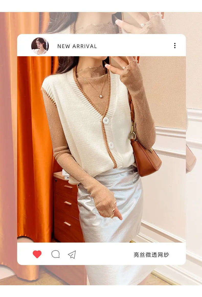Sexy Women T Shirt See Through Transparent Mesh Tops Long Sleeve Sheer Slim Female Turtleneck Bright Silk T-Shirt Lace Crop Top