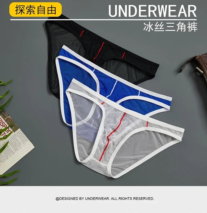 Ice Silk Men Underwear Sheer Mesh Sexy U Bulge Pouch Briefs Male Ultra-thin Breathable Underpants Mid Waist Hollow Panties Cueca
