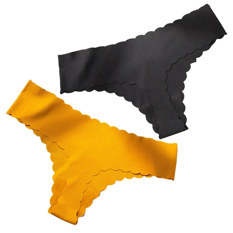 2PCS Seamless Thin-stripe Panties Ladies Low Rise T-back G-string Nude Half-covered Hip Lingerie Solid Cotton Ruffles Sexy Thong