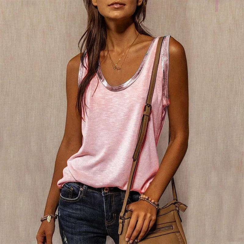 New Summer Contrast Stitching Women Tank Tops O Neck Sleeveless Shirt Women's Top Elegant Clothes Summer Loose Tops Women 2024