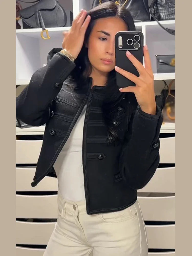 Elegant O-neck Long Sleeve Double Breasted Coats Fashion Black Cropped Jacket For Women 2026 Spring Chic Lady Outerwear Street