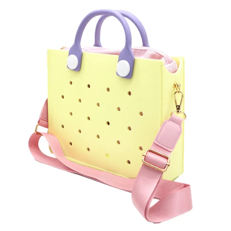 Fashion Storage EVA Large Leather Shoulder Bag Beach Tote Travel Handbag Storage for Women Casual Waterproof Bag Hole Fit Charms