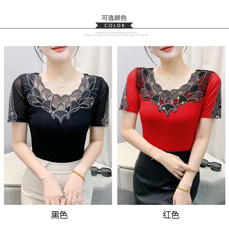 Fashion O-Collar Rhinestone Lace Patchwork Female Top Chic High Elasticity Soft Mesh Short Sleeve Temperament Women's T-Shirt