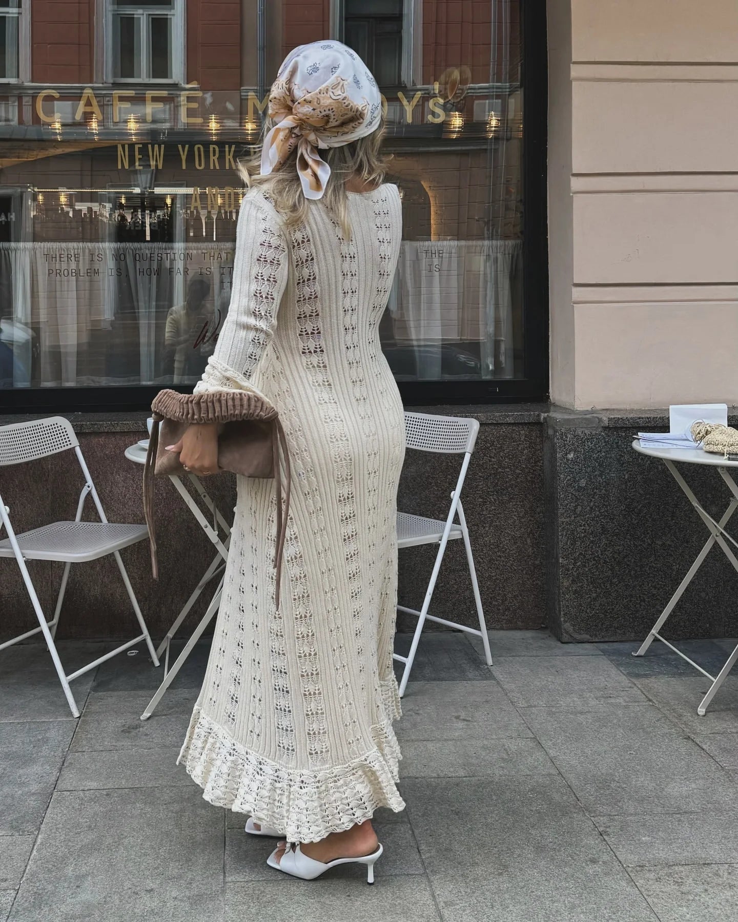 Combhasaki Women Y2K Chic Flare Long Sleeve Aesthetic Button-down V-Neck Ruffle Hem Hollow Out Knitted Long Dress Boho Beachwear