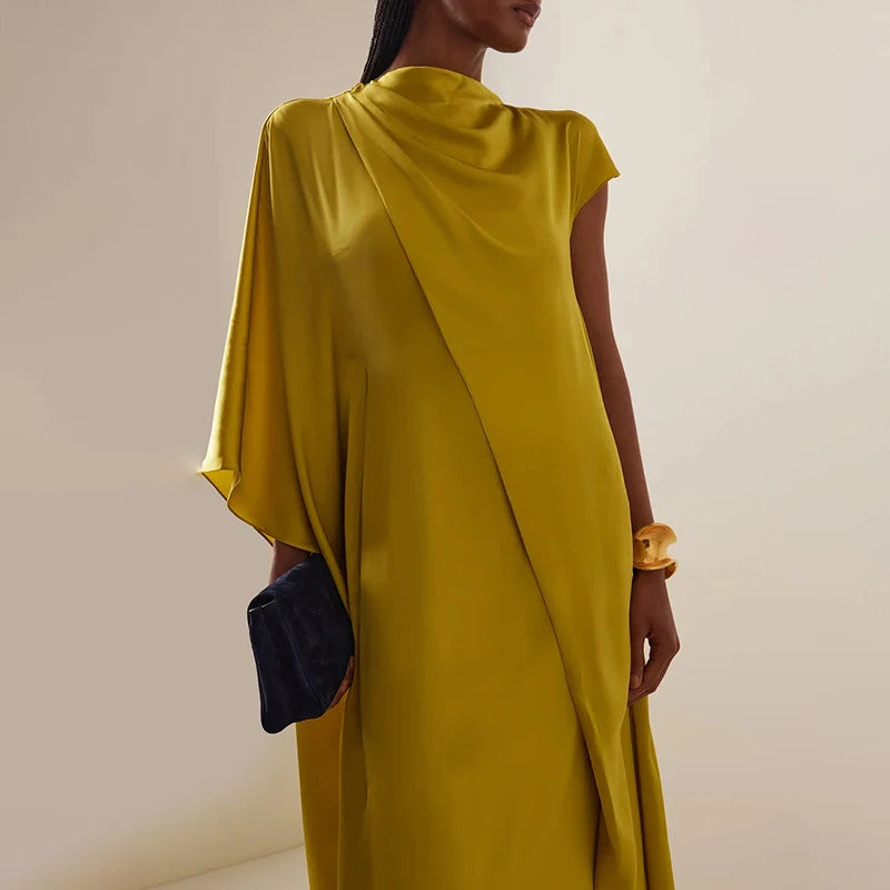 Women Casual Hight Waist Solid Color Satin Dress 2026 Fashion Draped Loose Long Dresses Elegant O-neck Asymmetrical Sleeve Gowns