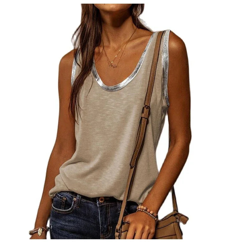 New Summer Contrast Stitching Women Tank Tops O Neck Sleeveless Shirt Women's Top Elegant Clothes Summer Loose Tops Women 2024