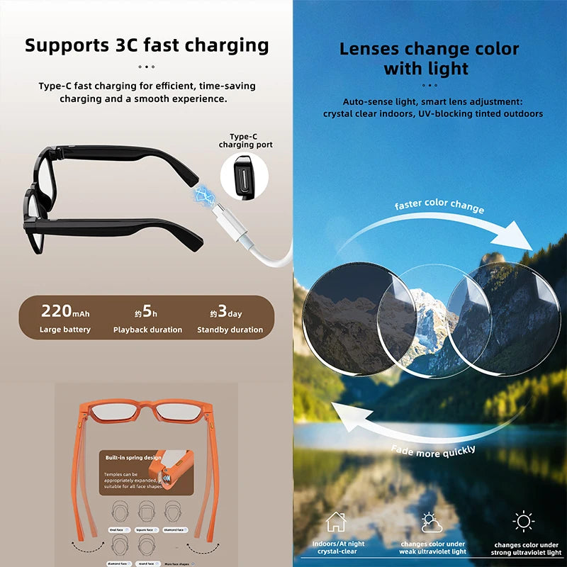 AI Smart Glasses 800W Camera Recording AI Photo Recognition BT Call Real Time Translation Voice Assistan Sunglasses Men Women