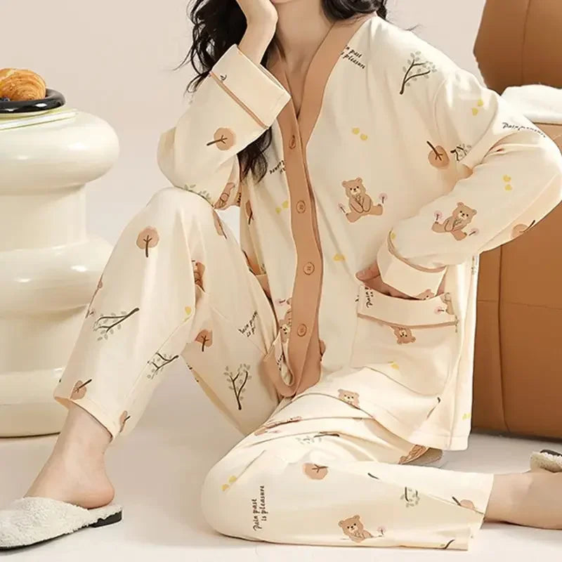 Elizabeth Duck Japanese Kimono Autumn Winter Women Pajamas Sets Faux Cotton Long Sleeves Homesuits Casual V-neck Lapel Sleepwear