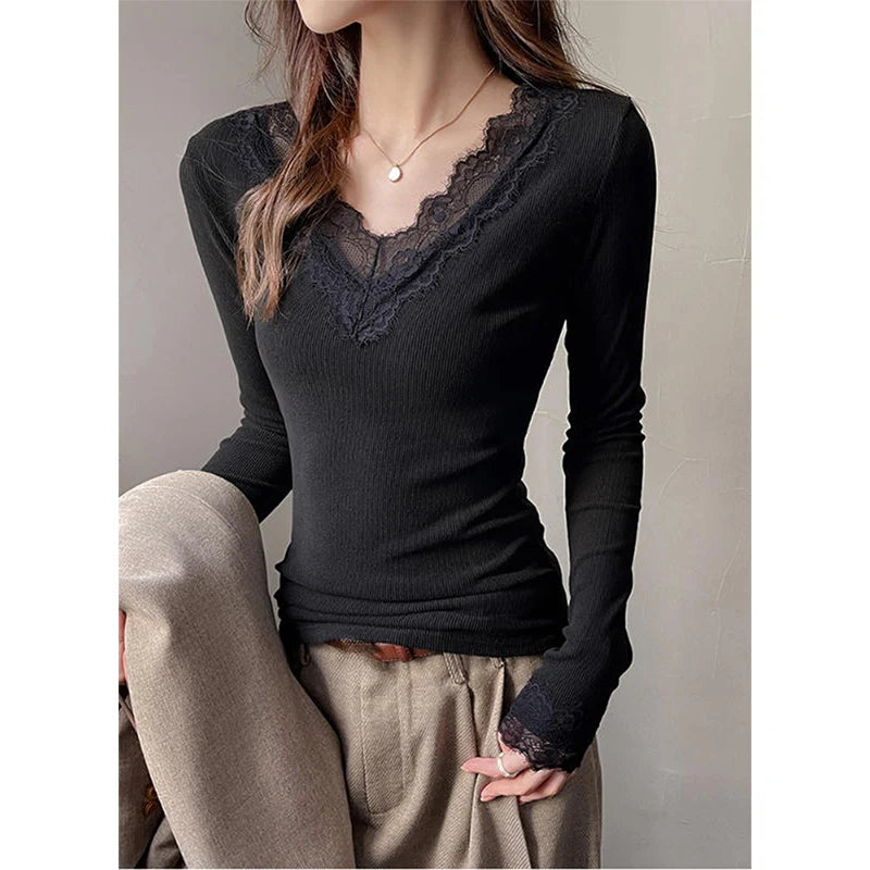 Sexy V-Neck Long Sleeve T-Shirt Women Fashion Lace Patchwork Solid Color Bottoming Shirt Spring Autumn Stretch Slimming Base Tee