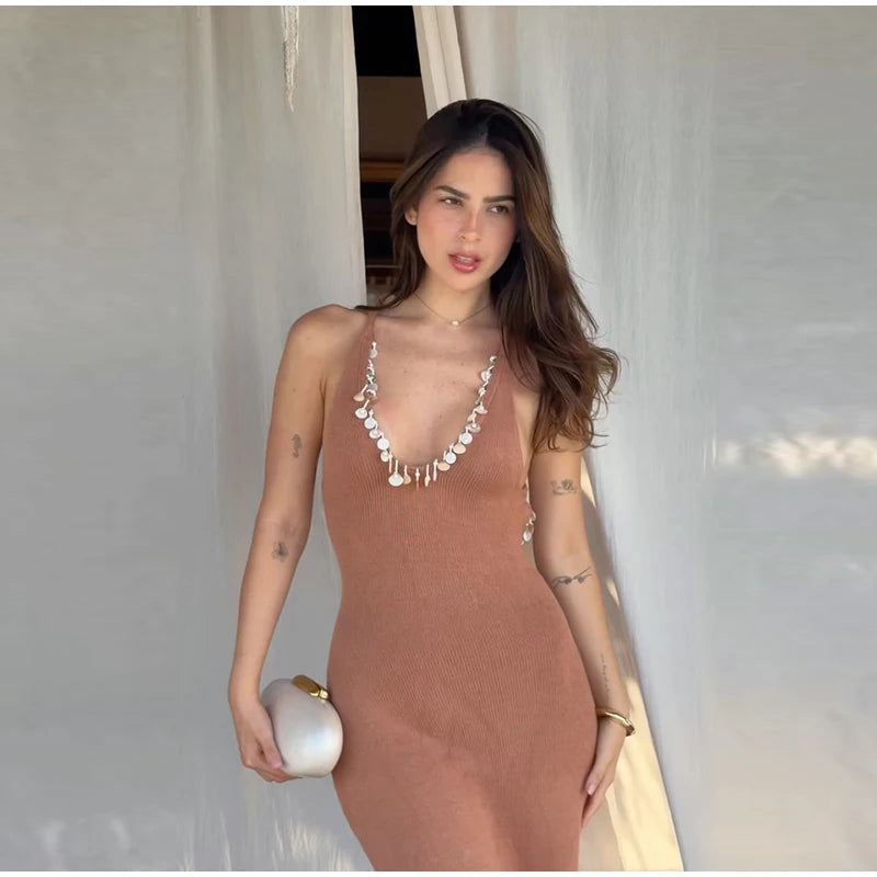 Women's Shell Chain Halter Maxi Dress Deep V Neck Sleeveless Backless Bodycon Dresses Casual Vacation Party Beach Fashion Gown