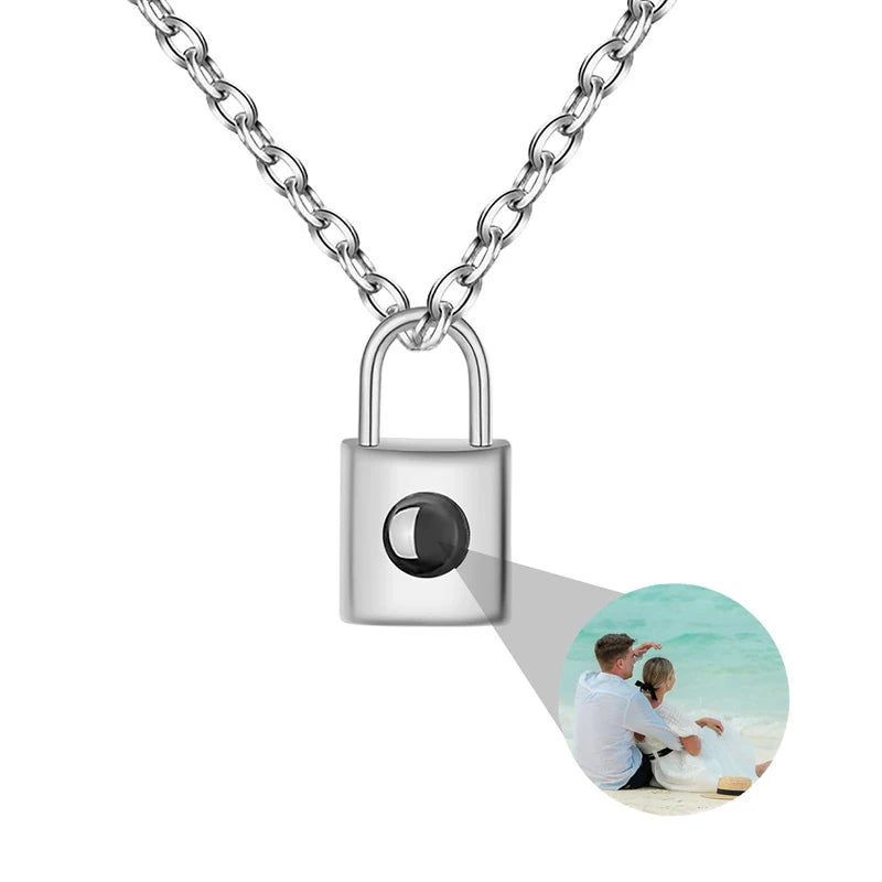 Personalised Love Lock Shape Necklace Custom Photo Projection Necklace Silver Lock Pendant Gift for Girlfriend Women Memory Gift