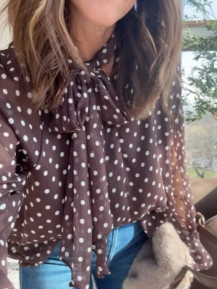 Polka Dot Lace Up Bow Shirt Women Casual Long Lantern Retro Sleeve Pleated Loose Blouse Lady 2026 Spring Commute Office Outwears