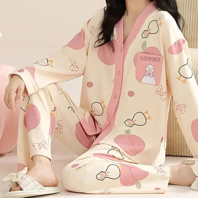 Elizabeth Duck Japanese Kimono Autumn Winter Women Pajamas Sets Faux Cotton Long Sleeves Homesuits Casual V-neck Lapel Sleepwear