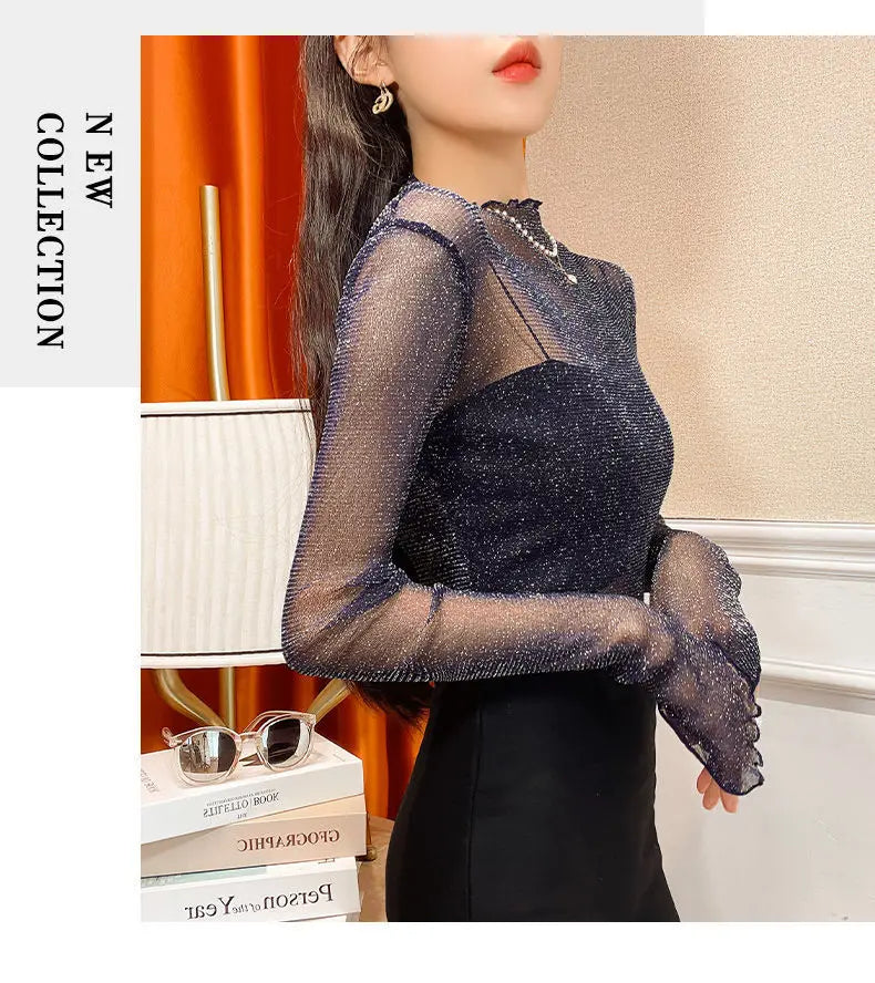 Sexy Women T Shirt See Through Transparent Mesh Tops Long Sleeve Sheer Slim Female Turtleneck Bright Silk T-Shirt Lace Crop Top